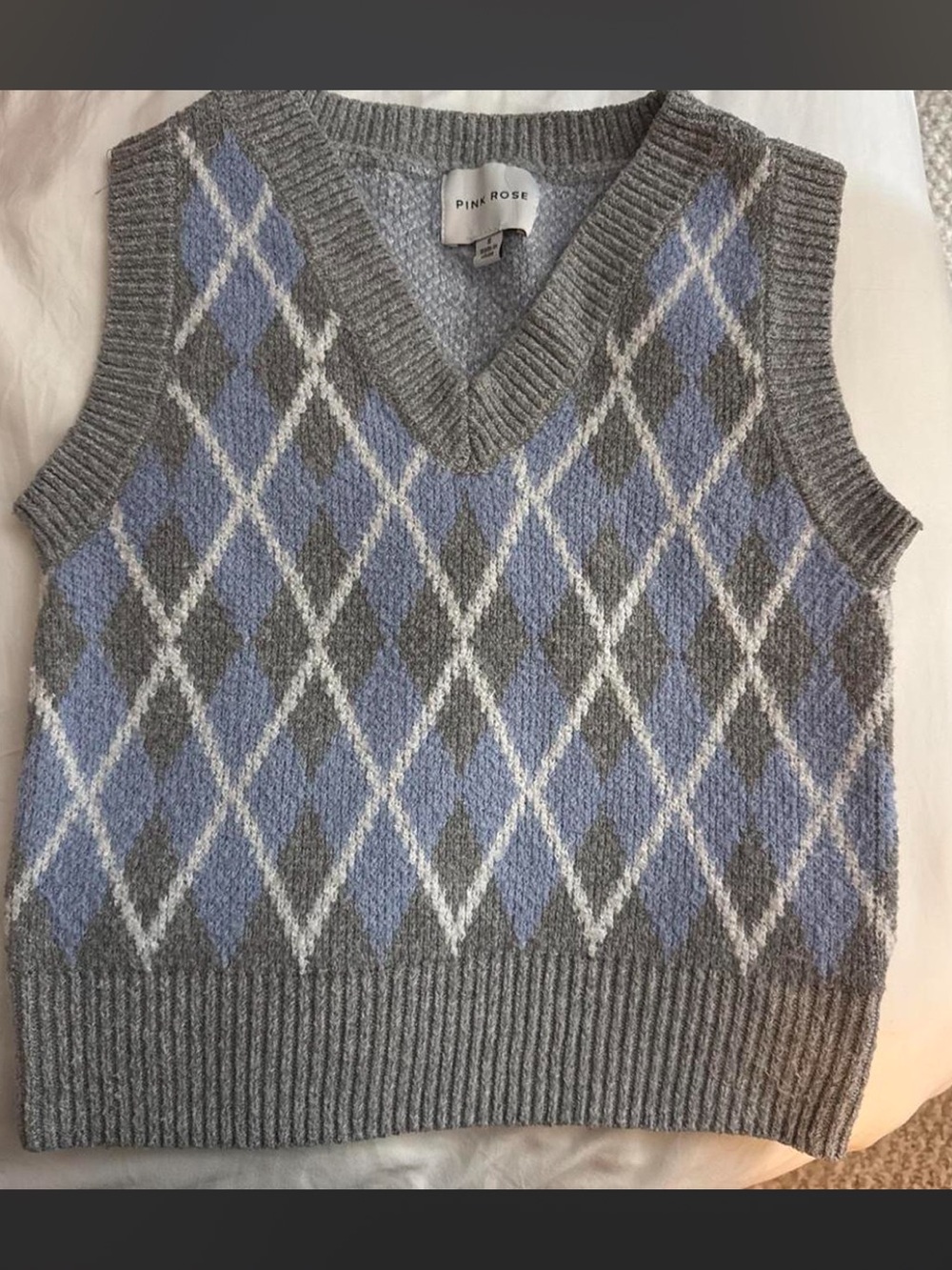 Pink Rose Gray and Light Blue Argyle V-Neck Sweater Vest